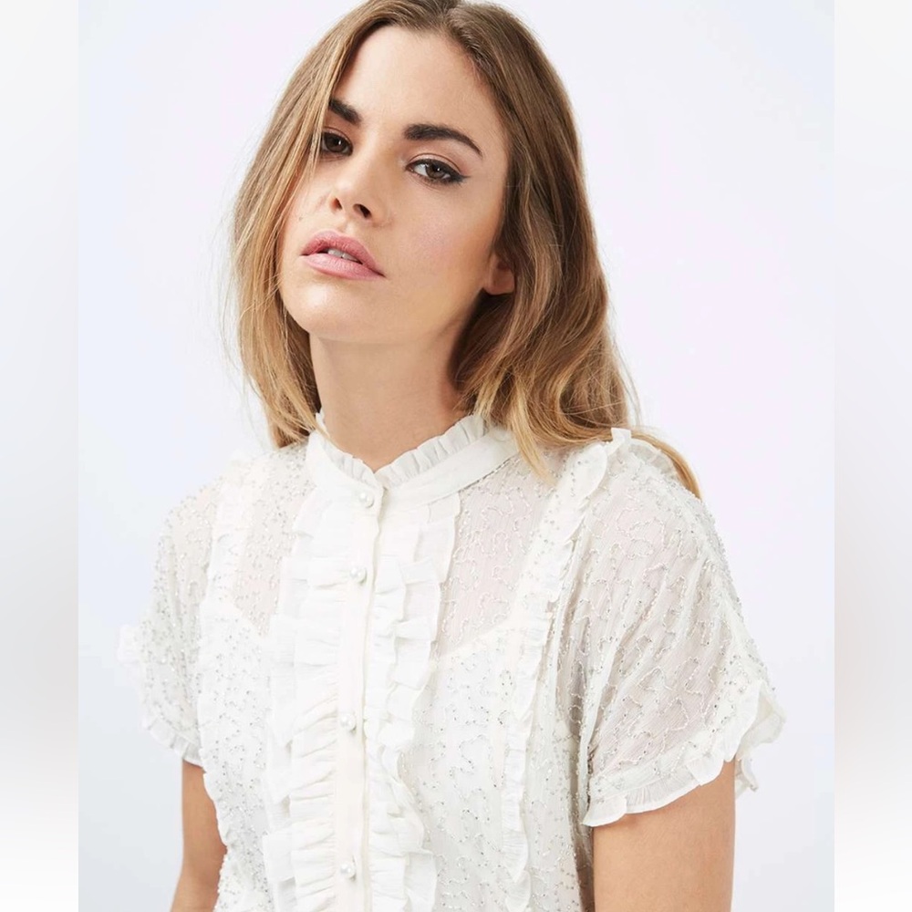 VINTAGE TOPSHOP PREMIUM White EMBELLISHED SHIRT DRESS Size Medium beaded - Picture 2 of 3